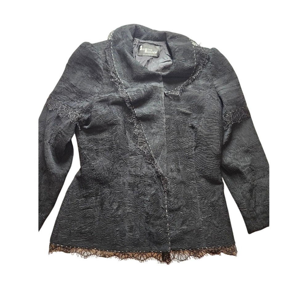 Serafino Alexander Couture Black Textured Lace Trim Blazer Jacket Women